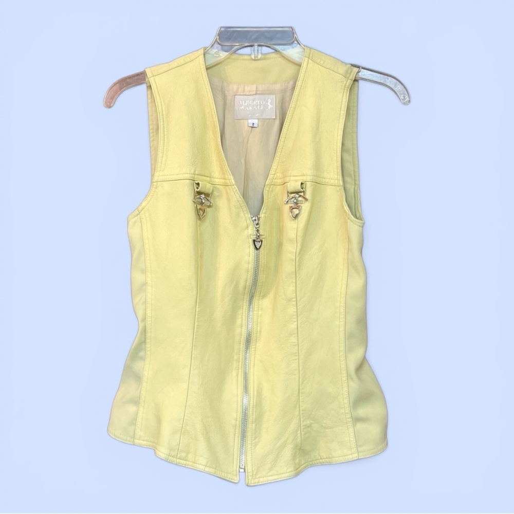 Alberto Makali Butter Yellow Genuine Leather Zip Front Vest Size 2 Y2K Vintage